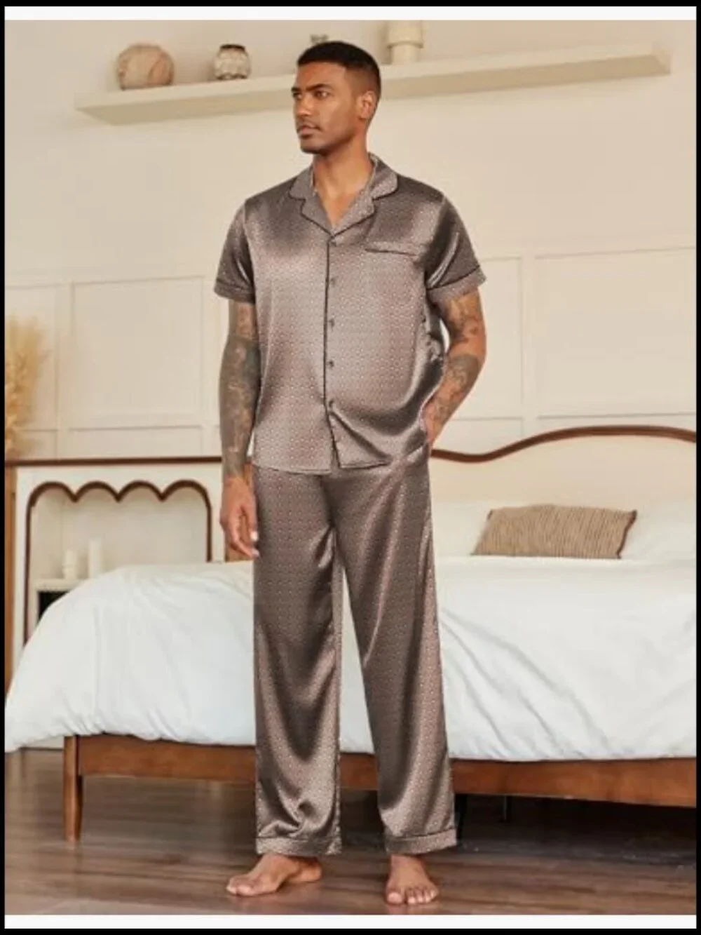 Men's Satin Pajama Set Short Sleeve Button Down Sleepwear Lounge Set
